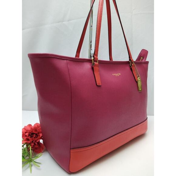 Coach City Tote Colorblock Red Magenta Leather Zipper Tote Shoulder Bag - Picture 3 of 13